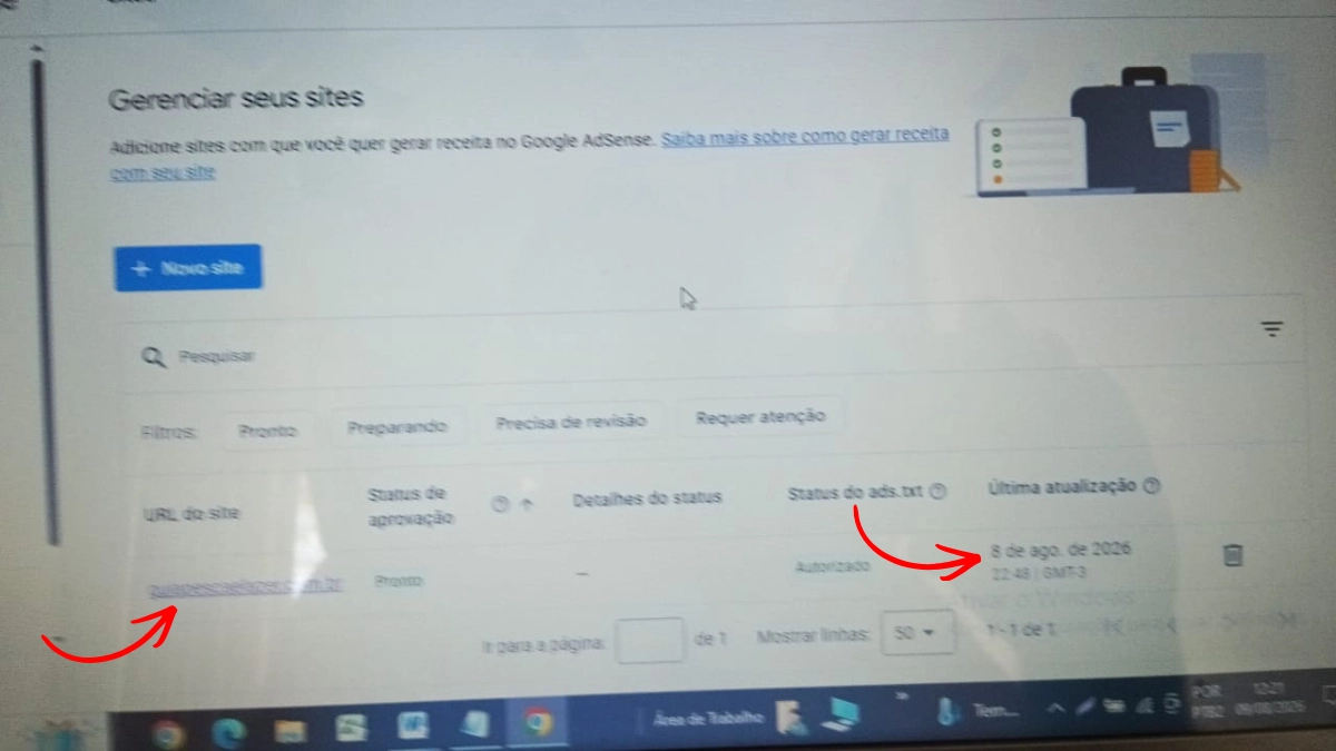 print do painel do Google AdSense mostrando o status Aprovado e a datahora da última atualização (8 de agosto)