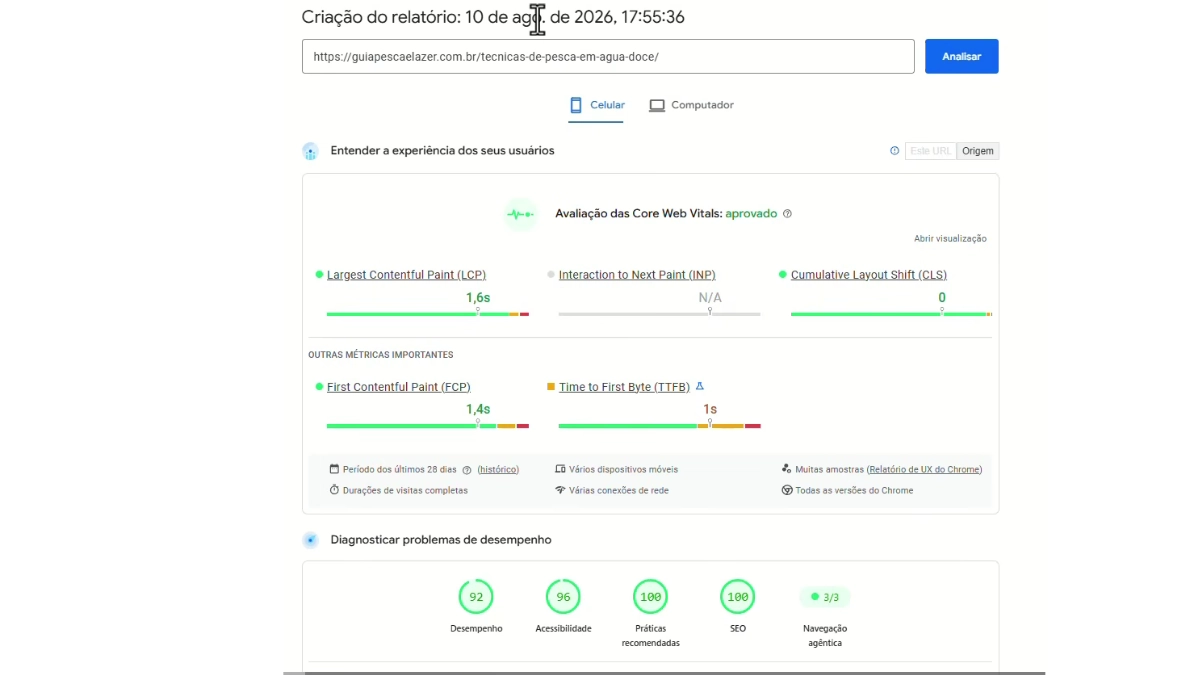 print do relatório do PageSpeed Insights (mobile e desktop) com as pontuações do Core Web Vitals
