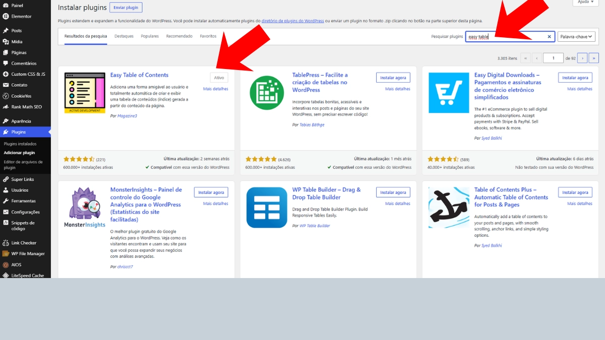 Instalando o plugin de Índice o Easy Table of Contents