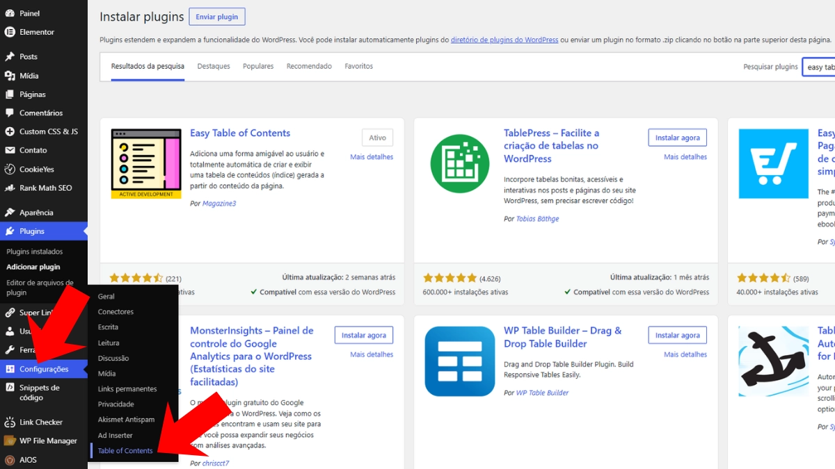 acessando as configurações do plugin de índice