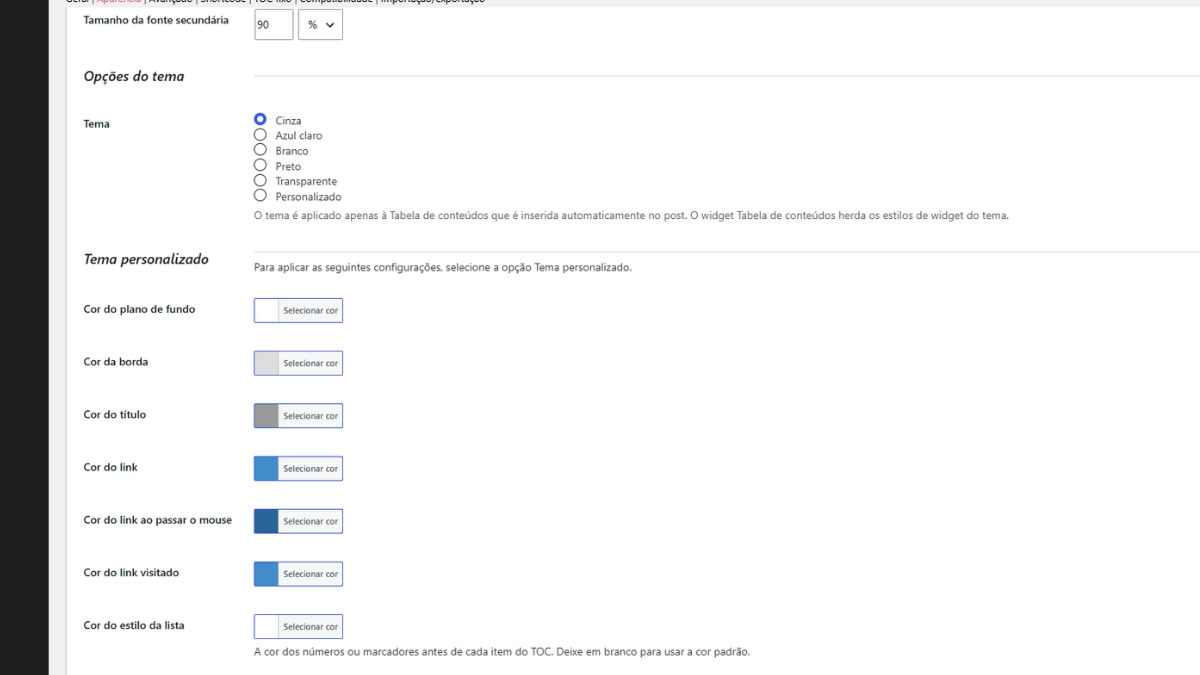 configurações avançadas de cores do plugin easy table of contents