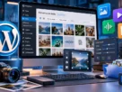 Biblioteca de Mídia do WordPress exibida em um computador com imagens e ferramentas de gerenciamento