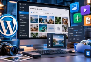 Biblioteca de Mídia do WordPress exibida em um computador com imagens e ferramentas de gerenciamento