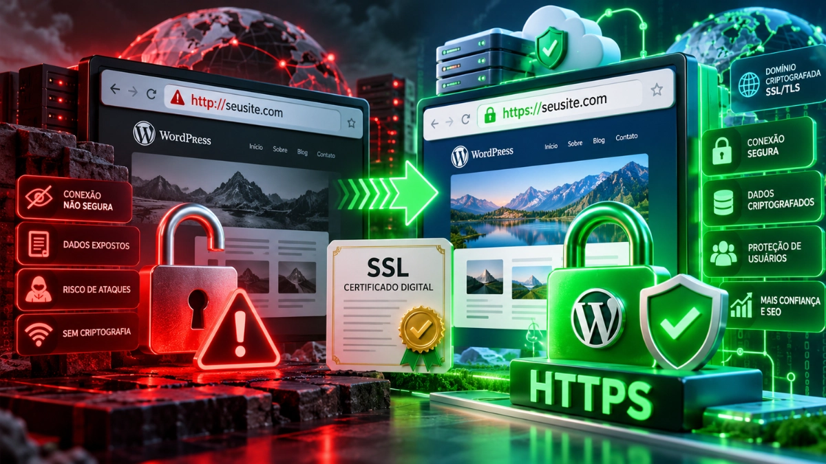 Como Instalar Certificado SSL no WordPress em 2026 3 Comparação entre HTTP e HTTPS mostrando a proteção de um site WordPress com SSL.