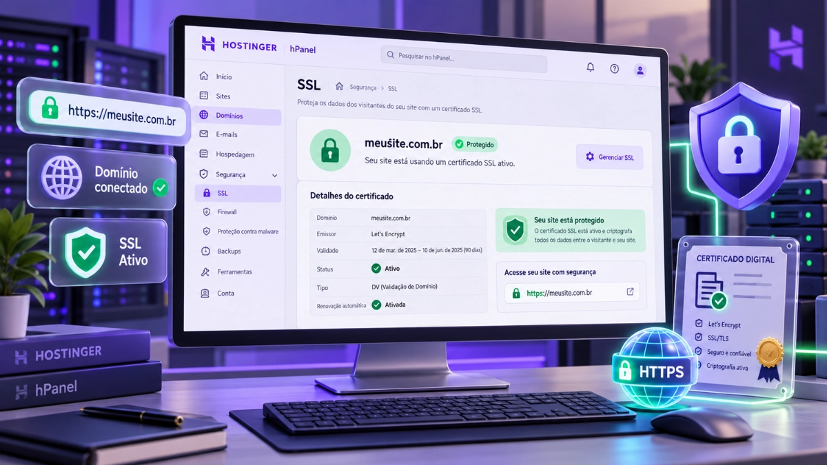 Como Instalar Certificado SSL no WordPress em 2026 2 Painel da Hostinger mostrando a instalação e ativação do certificado SSL de um domínio.