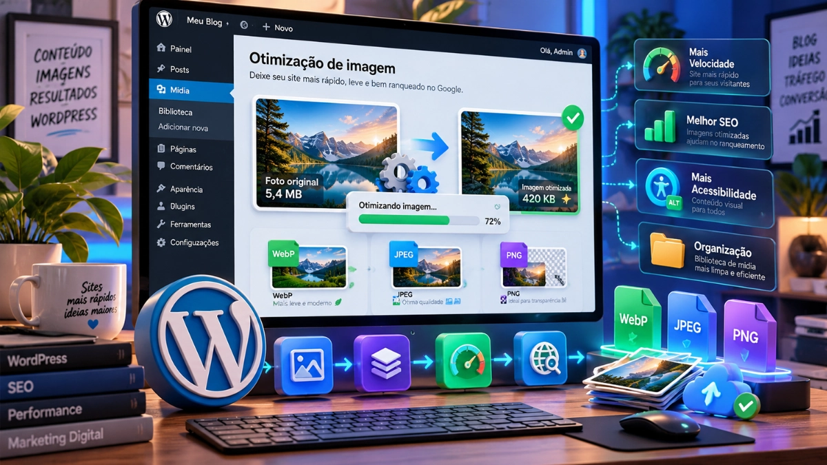 Processo de otimização de imagens para WordPress com formatos de arquivo, compressão e texto alternativo.